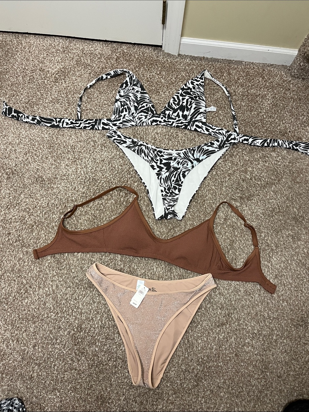 aerie Black & White Printed Triangle Bikini Top with Brown and Nude Mix